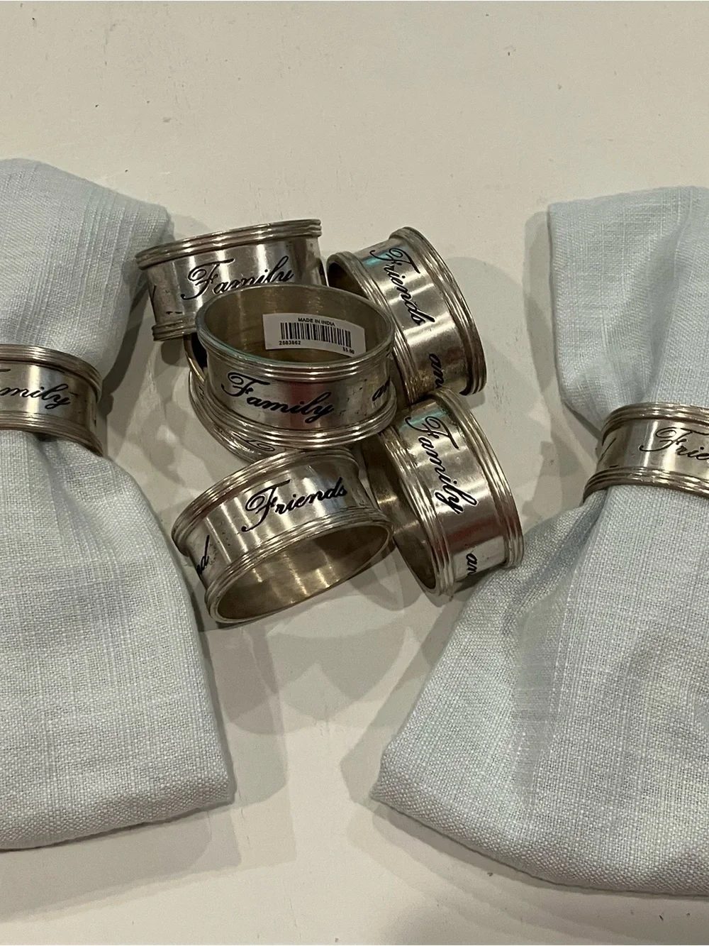 Antiqued Silver 'Family and Friends' Engraved Napkin Rings set of 6